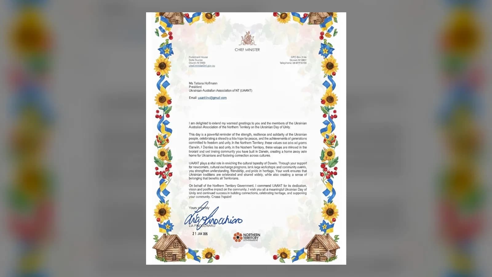 Chief Minister Recognises UAANT on Ukrainian Day of Unity 2026