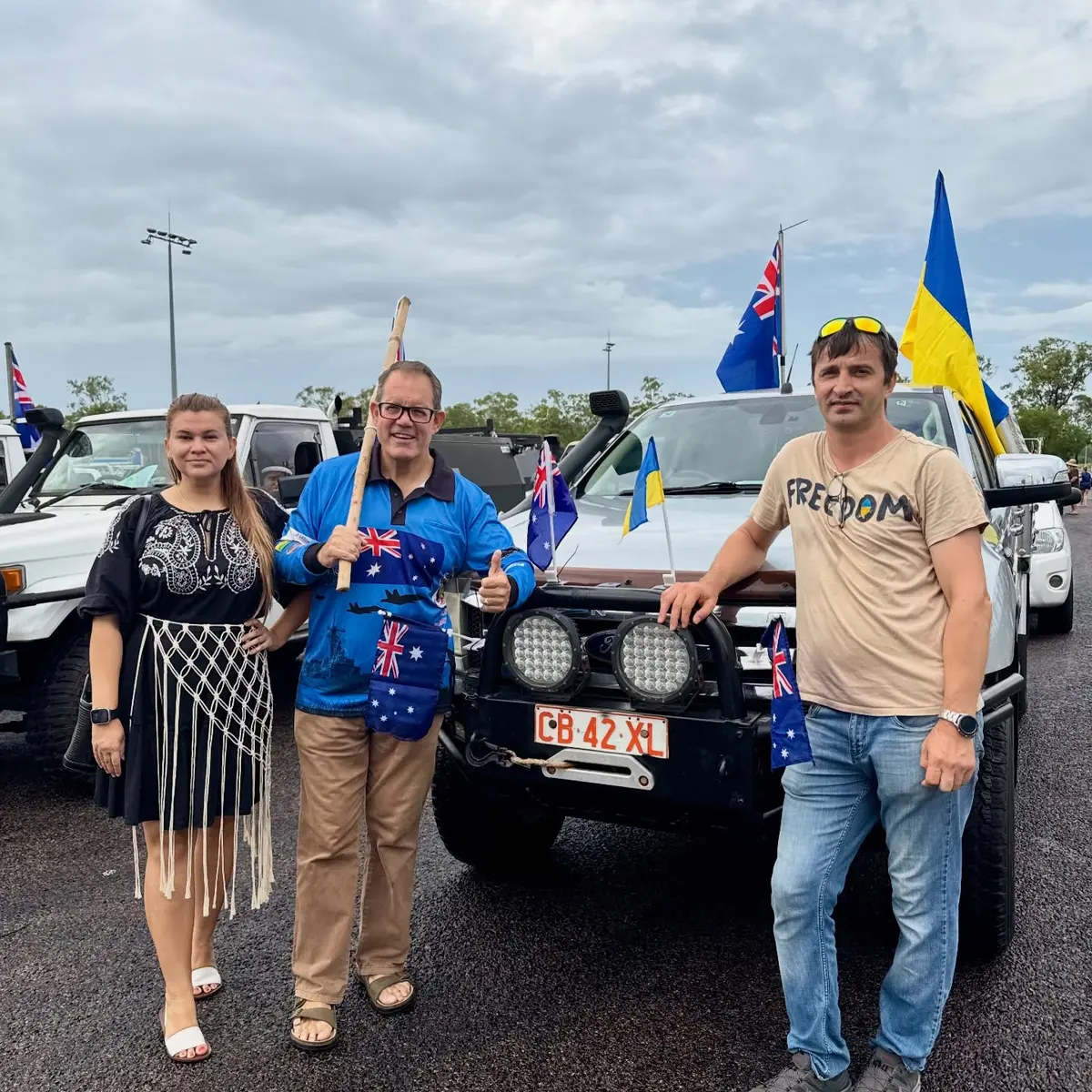 UAANT members with Australian and Ukrainian flags beside their decorated ute
