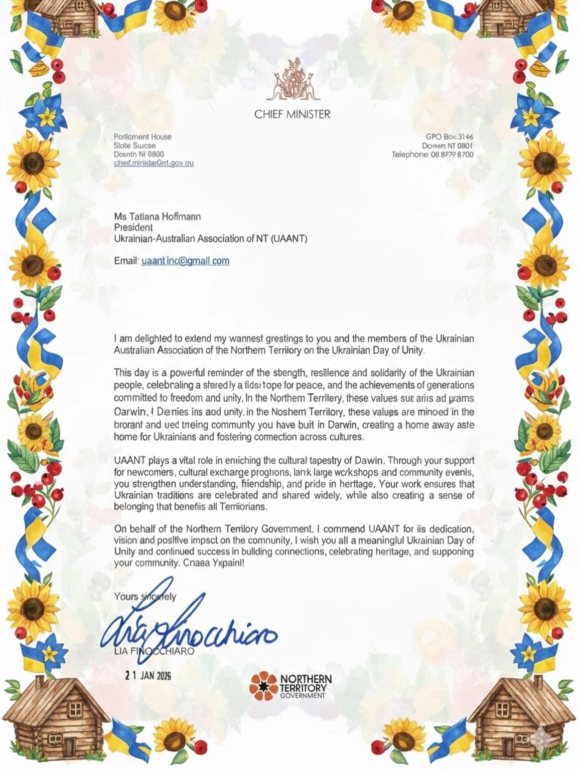 Official Ukrainian Day of Unity greeting to UAANT from Northern Territory Chief Minister Lia Finocchiaro